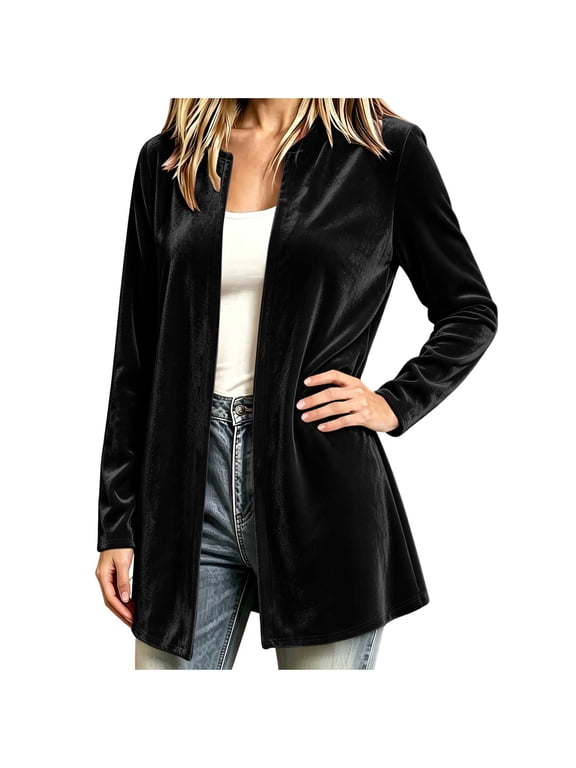 Women's Casual Velour Open Front Long Cardigan Duster Coat Long Sleeve Solid Color Elegant Top Outwear for Fall Winter Christmas Holiday Daily Wear