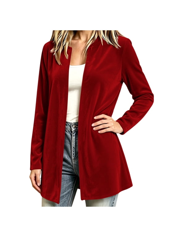 Women's Casual Velour Open Front Long Cardigan Duster Coat Long Sleeve Solid Color Elegant Top Outwear for Fall Winter Christmas Holiday Daily Wear