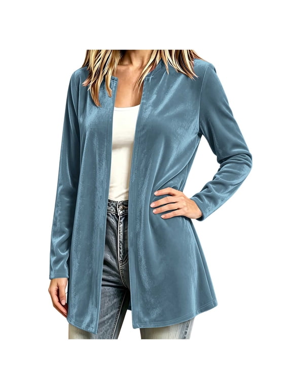 Women's Casual Velour Open Front Long Cardigan Duster Coat Long Sleeve Solid Color Elegant Top Outwear for Fall Winter Christmas Holiday Daily Wear