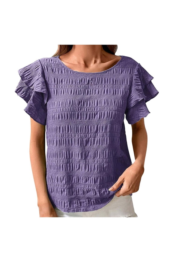 Women's Casual Wrinkle Tops New Summer Short Ruffle Sleeves T-Shirt Round Neck Textured Fabric Flowy Tee Solid Color Outdoor(Purple,XL)