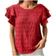 thumbnail image 1 of Fesfesfes Women's Casual Wrinkle Tops New Summer Short Ruffle Sleeves T-Shirt Round Neck Textured Fabric Flowy Tee Solid Color Outdoor(Red,M), 1 of 7
