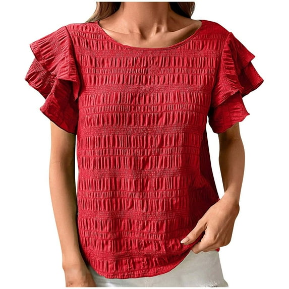 Fesfesfes Women's Casual Wrinkle Tops New Summer Short Ruffle Sleeves T-Shirt Round Neck Textured Fabric Flowy Tee Solid Color Outdoor(Red,M)