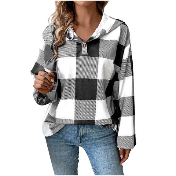 Fesfesfes Women's Check Hooded Tops Half-Placket V-Neck with Drawstring Hood Loose Long Cuffed Sleeves Soft Fabric for Casual Everyday Wear(Black,S)
