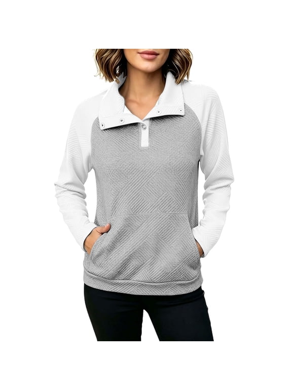 Women's Color Block Half Button Collar Pullover Sweatshirt Raglan Long Sleeve Loose Fit Top with Pockets for Fall Winter Daily Wear
