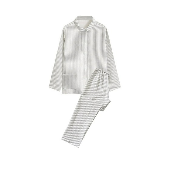 Fesfesfes Women's Color-Striped Pajama Set Long-Sleeve Turndown Collar Tops Straight Trousers Breathable Fabric Night Pajamas Suits(White#1,S)