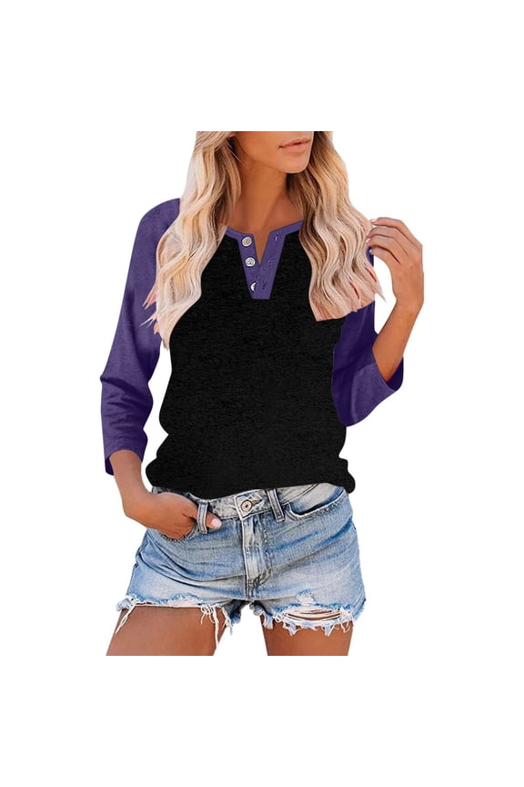 Women's Comfortable Blouse Practical Elegant Three-quarters sleeve Button Decoration Lape Tops Fashionable for Casual Daily Wear(Purple#2,L)