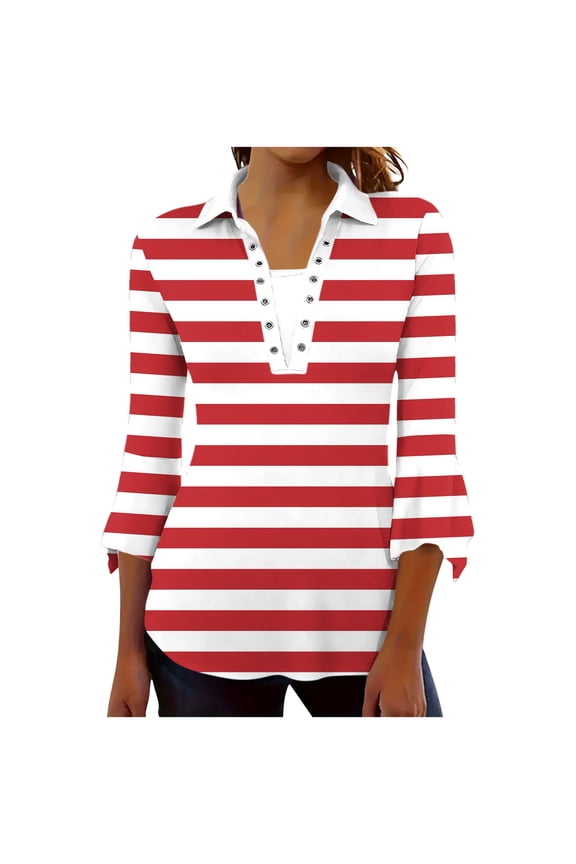 Women's Comfortable Blouse Practical Elegant Three-quarters sleeve Button Decoration Lape Tops Fashionable for Casual Daily Wear(Red,S)