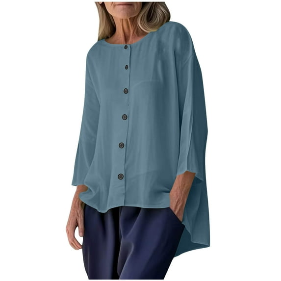 Fesfesfes Women's Comfy Blouses Fashion Solid Color Button-Front Long-Sleeve Round Neck T-shirt Loose Breathable Straight Hem Tee(Light Blue,XL)