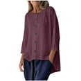 thumbnail image 1 of Fesfesfes Women's Comfy Blouses Fashion Solid Color Button-Front Long-Sleeve Round Neck T-shirt Loose Breathable Straight Hem Tee(Purple,2XL), 1 of 8