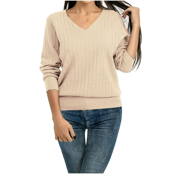 Fesfesfes Women's Comfy Blouses Solid Color Long Sleeved V-Neck Knit Sweater with Ribbed Neckline Cuffs Fall Winter Warmkeeping Tops(Beige#2,L)