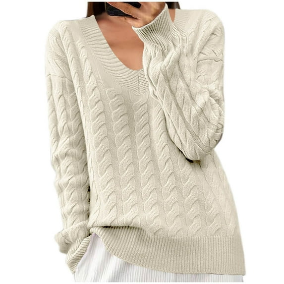 Fesfesfes Women's Comfy Blouses Solid Color Long Sleeved V-Neck Knit Sweater with Ribbed Neckline Cuffs Fall Winter Warmkeeping Tops(Beige#3,L)