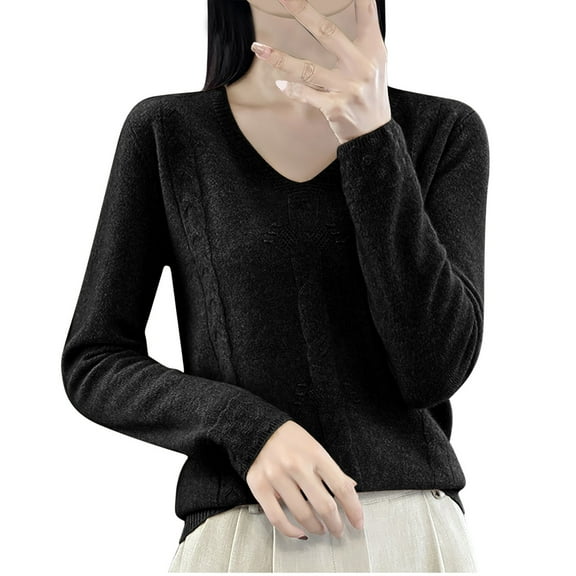 Fesfesfes Women's Comfy Blouses Solid Color Long Sleeved V-Neck Knit Sweater with Ribbed Neckline Cuffs Fall Winter Warmkeeping Tops(Black,M)
