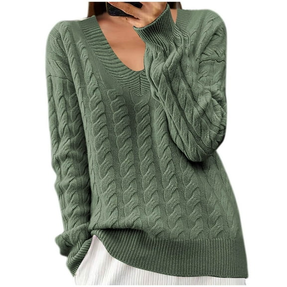 Fesfesfes Women's Comfy Blouses Solid Color Long Sleeved V-Neck Knit Sweater with Ribbed Neckline Cuffs Fall Winter Warmkeeping Tops(Green#3,XL)