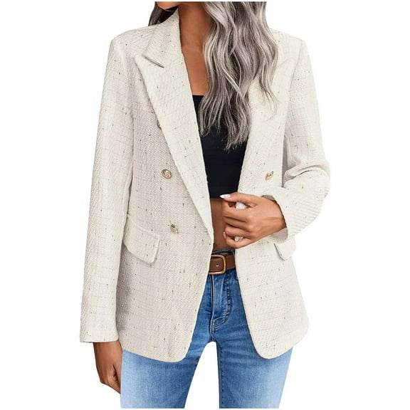 Fesfesfes Women's Comfy Casual Blazer Solid Color Notched Collar 3/4 Rolled Cuff Sleeves Tops with Patch Pockets Loose Oversized Blouses(Beige#6,M)