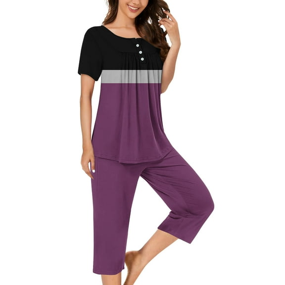 Fesfesfes Women's Comfy Pajama Set Casual Trendy Rounded Neckline Short Sleeve Blouse Fashion Pants Soft Stretch Fabric for Sleep Lounging(Purple,L)