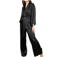 thumbnail image 1 of Fesfesfes Women's Comfy Pajama Set Fall Loose Deep V-Neckline Wide Flowing Sleeves Self-Tie Belted Robe Tops Wide-Leg Pants Night-Robe(Black,XL), 1 of 6