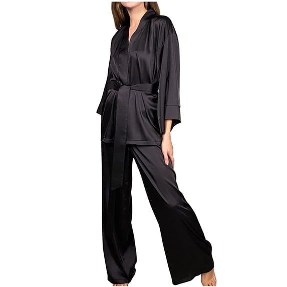 Fesfesfes Women's Comfy Pajama Set Fall Loose Deep V-Neckline Wide Flowing Sleeves Self-Tie Belted Robe Tops Wide-Leg Pants Night-Robe(Black,XL)