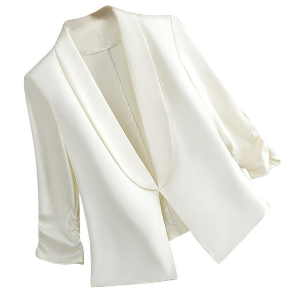 Fesfesfes Women's Comfy Regular Suit Tops Solid Color Three Quarter Sleeve Label Collar Tops for Fall Summer Office Working Wear Blouses (White#5,S)