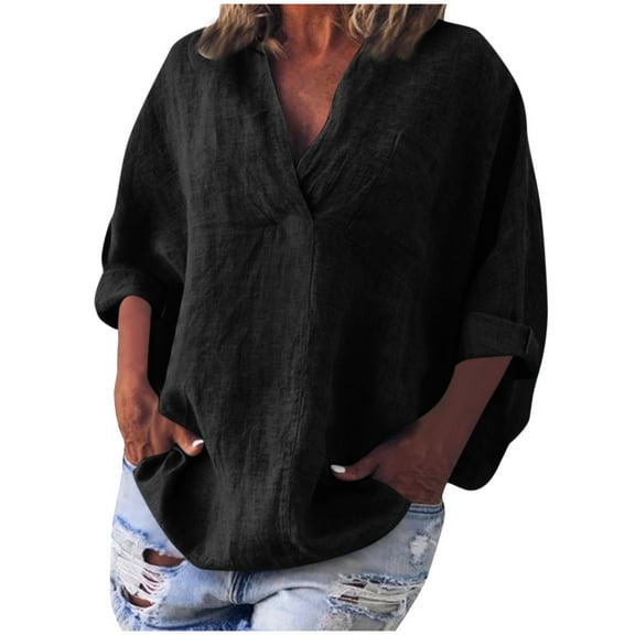 Fesfesfes Women's Comfy T-shirt Trendy V-neck Three-Quarters Sleeves with Cuffs Shirt Loose Solid Color Outdoor Indoor Daily Wearing(Black#1,3XL)