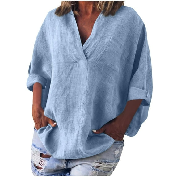 Fesfesfes Women's Comfy T-shirt Trendy V-neck Three-Quarters Sleeves with Cuffs Shirt Loose Solid Color Outdoor Indoor Daily Wearing(Light Blue#1,L)