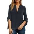 thumbnail image 1 of Fesfesfes Women's Comfy T-shirt Trendy V-neck Three-Quarters Sleeves with Cuffs Shirt Loose Solid Color Outdoor Indoor Daily Wearing(Navy,M), 1 of 5