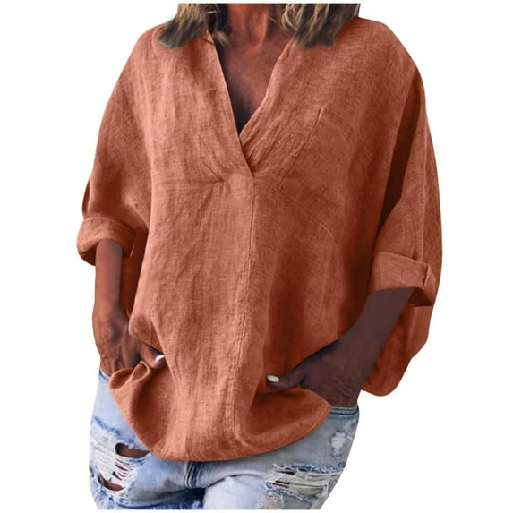 Fesfesfes Women's Comfy T-shirt Trendy V-neck Three-Quarters Sleeves with Cuffs Shirt Loose Solid Color Outdoor Indoor Daily Wearing(Orange#1,3XL)