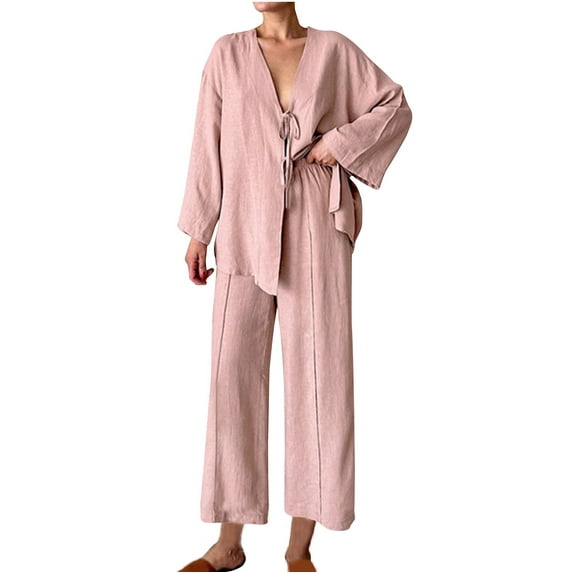 Fesfesfes Women's Comfy Two-Piece Set Solid Color Long Sleeved Round Neck Tie-Up Detail Top Casual Loose Trousers for Outings and Lounging(Pink,S)