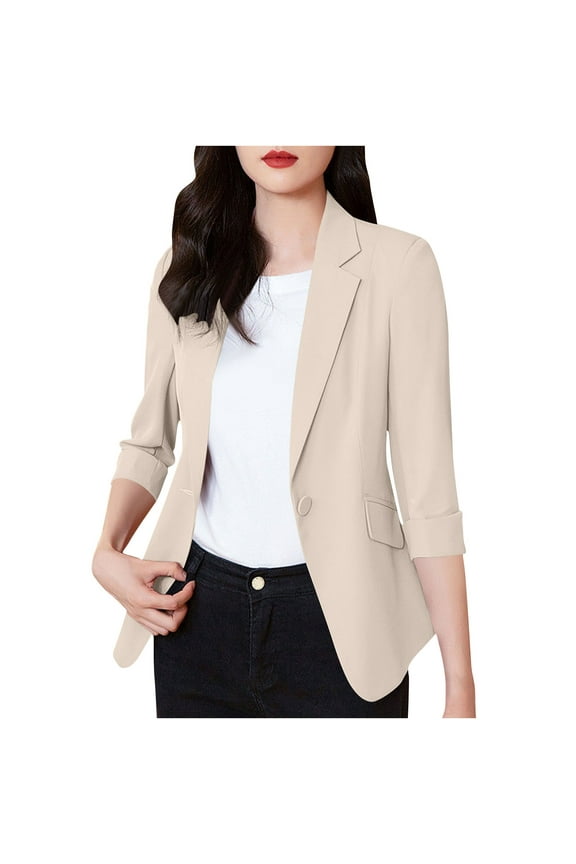 Women's Contrast-Stitch Tailored Suit Solid Color Notched Lapel Long Sleeves with Button Accents Slim for Professional Casual Wear(Beige#1,L)
