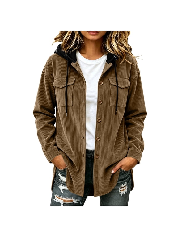 Women's Corduroy Hooded Button Down Jacket Long Sleeve Loose Fit Casual Outerwear with Pockets for Fall Winter Daily Wear Cozy Soft Layering