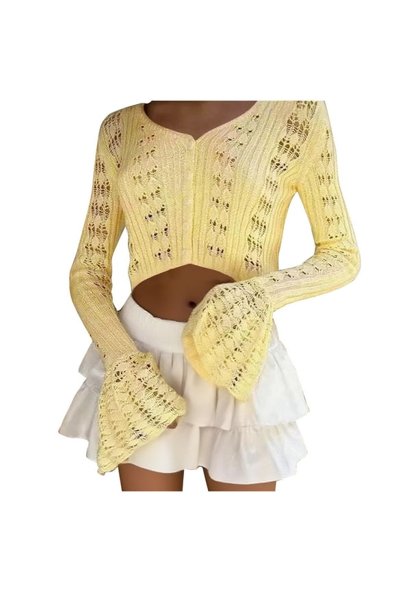 Women's Crochet Knit Crop Tops Round Neck Crochet Sleeves Front Button Closure Lightweight Breathable Fabric for Summer Fall Wear(Yellow,S)