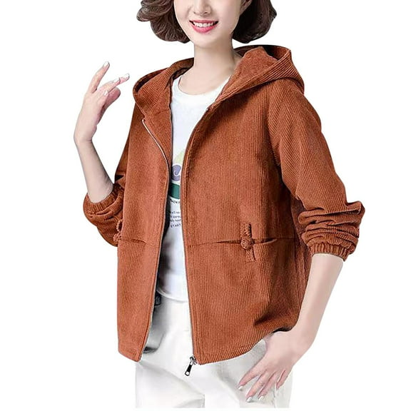 Fesfesfes Women's Cropped Hooded Jacket High Collar Dropped-Shoulder Long Sleeves Ribbed Cuffs Tops with Zipper Soft Fabric for Active Wear(Brown#1,L)