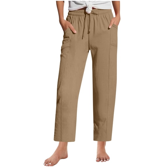 Fesfesfes Women's Cropped Pants Summer Casual Solid Color Loose Breathable Trousers with Pockets Elastic Drawstring Waist Comfy Trousers(Khaki,S)