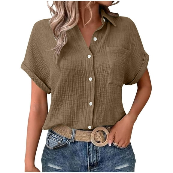 Fesfesfes Women's Daily T-shirt Solid Color Chest Pocket Turndown Collar Tops with Buttons Summer Fashion Short Sleeve Foldable Blouse(Brown,S)