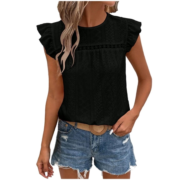 Fesfesfes Women's Denim-Look Round Neck Tops Casual Solid Color Loose Ruffled Cap Sleeves T-shirt Fashion Buttonless Pullover Summer Blouses(Black,2XL)