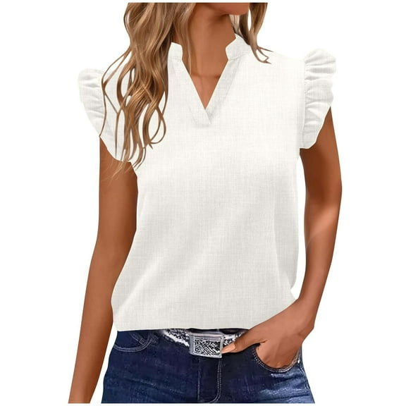Fesfesfes Women's Denim-Look V-Neck Tops Casual Solid Color Loose Ruffled Cap Sleeves T-shirt Fashion Buttonless Pullover Summer Blouses