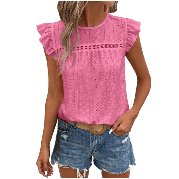 Fesfesfes Women's Denim-Look Round Neck Tops Casual Solid Color Loose Ruffled Cap Sleeves T-shirt Fashion Buttonless Pullover Summer Blouses(Pink,M)