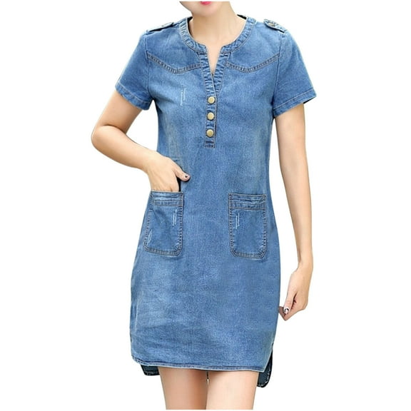 Fesfesfes Women's Dress Short Sleeve Slim Dress V-neck Distressed Dress Denim Dress