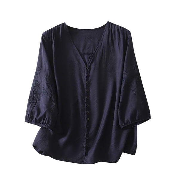 Fesfesfes Women's Embroidered Shirt Label-Collar 3/4 Loose Flowy Puffed Sleeves Lightweight Breathable Fabric for Casual Fall Summer Wear(Dark Blue#1,XL)