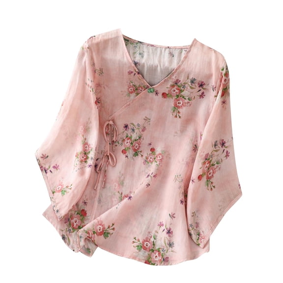 Fesfesfes Women's Embroidered Shirt Label-Collar 3/4 Loose Flowy Puffed Sleeves Lightweight Breathable Fabric for Casual Fall Summer Wear(Pink#4,M)