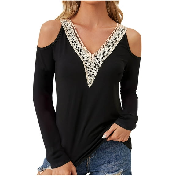 Fesfesfes Women's Fake Two-Piece Tops Casual Trendy Long Sleeve Off-the-Shoulder V-Round Blouses Summer Fall Slim Fitting Comfy Tee(Black,M)