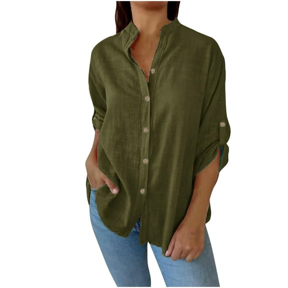 Fesfesfes Women's Fall Blouses Casual Fashion Loose Half Sleeve Classic Lapel Neckline T-Shirt with Buttons Trendy Cowboy Style Tops(Army Green#2,L)