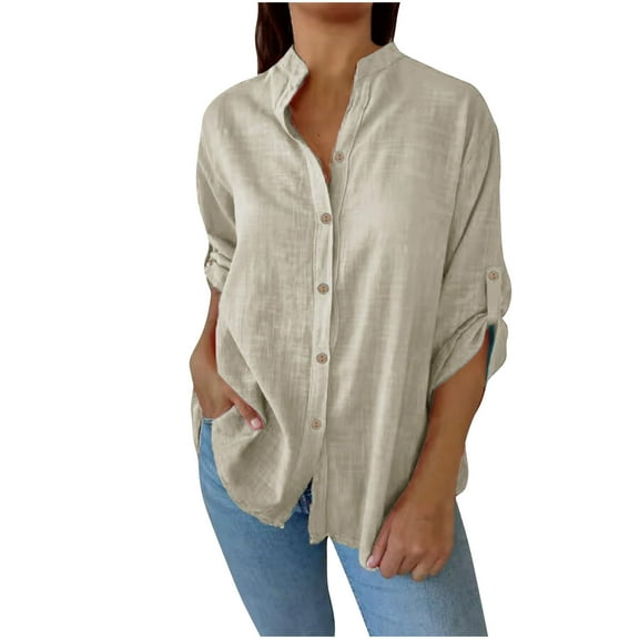Fesfesfes Women's Fall Blouses Casual Fashion Loose Half Sleeve Classic Lapel Neckline T-Shirt with Buttons Trendy Cowboy Style Tops(Beige#2,S)