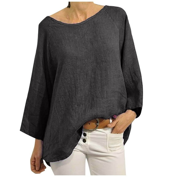 Fesfesfes Women's Fall Blouses Oversize Casual Three-Quarter Sleeve Round-Neck Solid Color Tops Fashion Loose Breathable for Daily Wearing(Black,3XL)