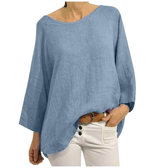 Fesfesfes Women's Fall Blouses Oversize Casual Three-Quarter Sleeve Round-Neck Solid Color Tops Fashion Loose Breathable for Daily Wearing(Blue,4XL)