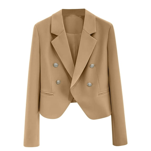 Fesfesfes Women's Fall Summer Suit Tops Solid Color Three Quarter Sleeve Label Collar Tops Comfy Regular Blouses for Office Working Wear(Khaki#1,XL)