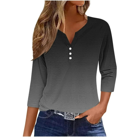 Fesfesfes Women's Fall Summer Tops Casual Suitable V-Neck Three-Quarter Sleeve T-Shirt Pullover Contrast Color Lightweight Blouse (Black#2,3XL)