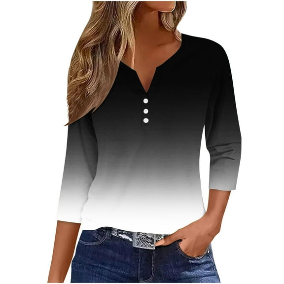 Fesfesfes Women's Fall Summer Tops Casual Suitable V-Neck Three-Quarter Sleeve T-Shirt Pullover Contrast Color Lightweight Blouse (Black,3XL)