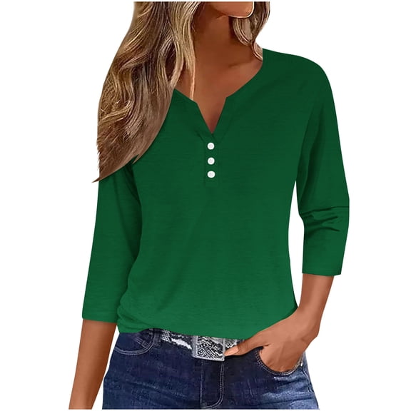 Fesfesfes Women's Fall Summer Tops Casual Suitable V-Neck Three-Quarter Sleeve T-Shirt Pullover Contrast Color Lightweight Blouse (Green#1,2XL)