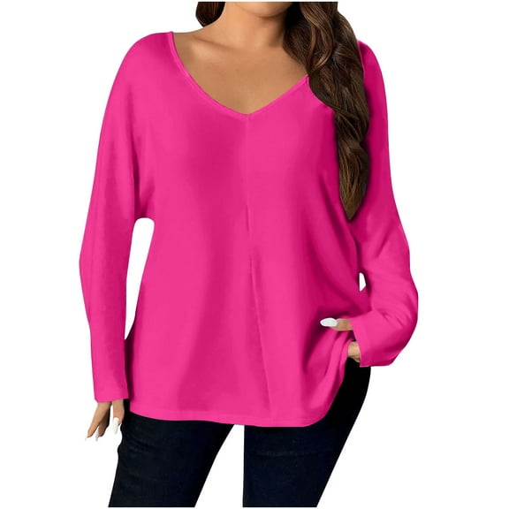 Fesfesfes Women's Fall Tops Casual Solid Color V-neck Loose Drop-Shoulder Cuffs T-shirt Stretchy Material for Daily Leisure Home Wearing(Hot Pink,2XL)