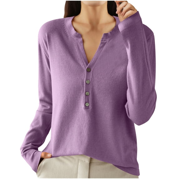 Fesfesfes Women's Fall Tops Casual Solid Color V-neck Loose Drop-Shoulder Cuffs T-shirt Stretchy Material for Daily Leisure Home Wearing(Purple#4,2XL)